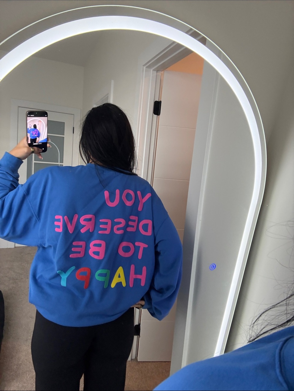 The Mayfair group Blue Graphic Crewneck Sweatshirt - "You Deserve To Be Happy"